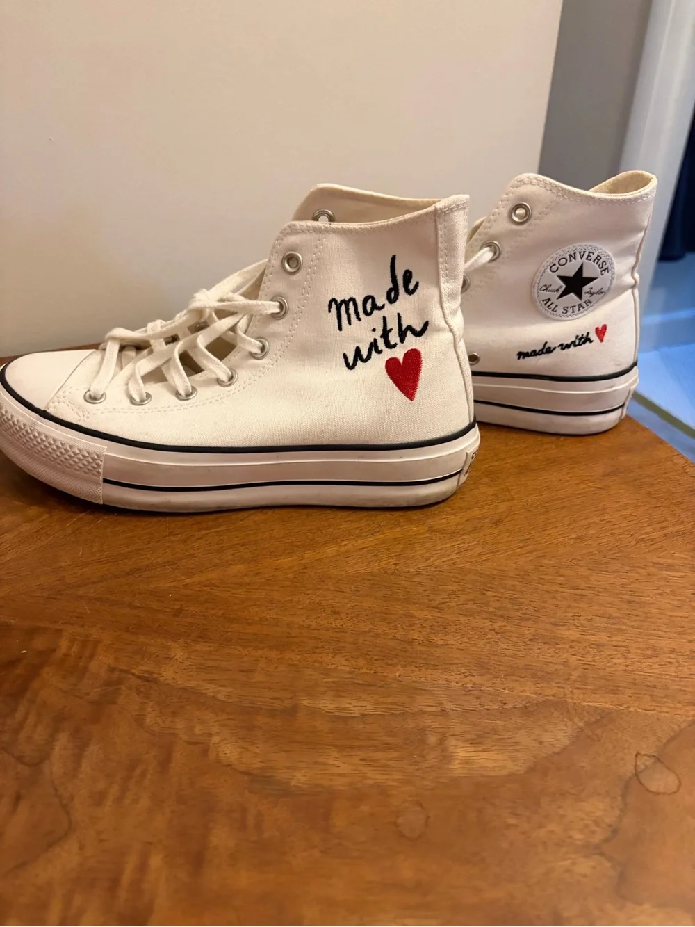 Canvas High-Top Sneakers with Red Heart Embroidery - White